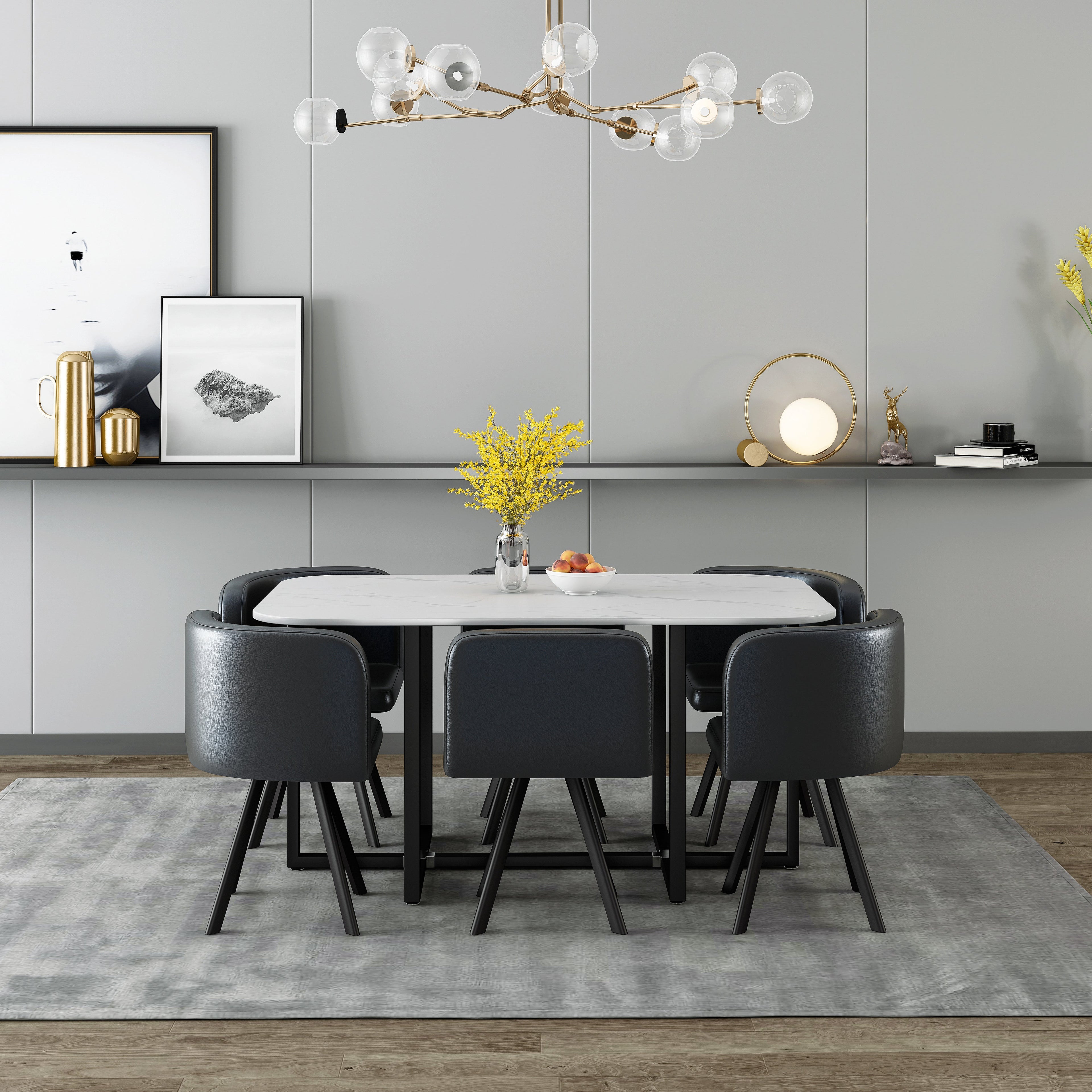 800 Modern 7-Piece Dining Table Set with White Marble Top and Leatherette/Fabric Chairs