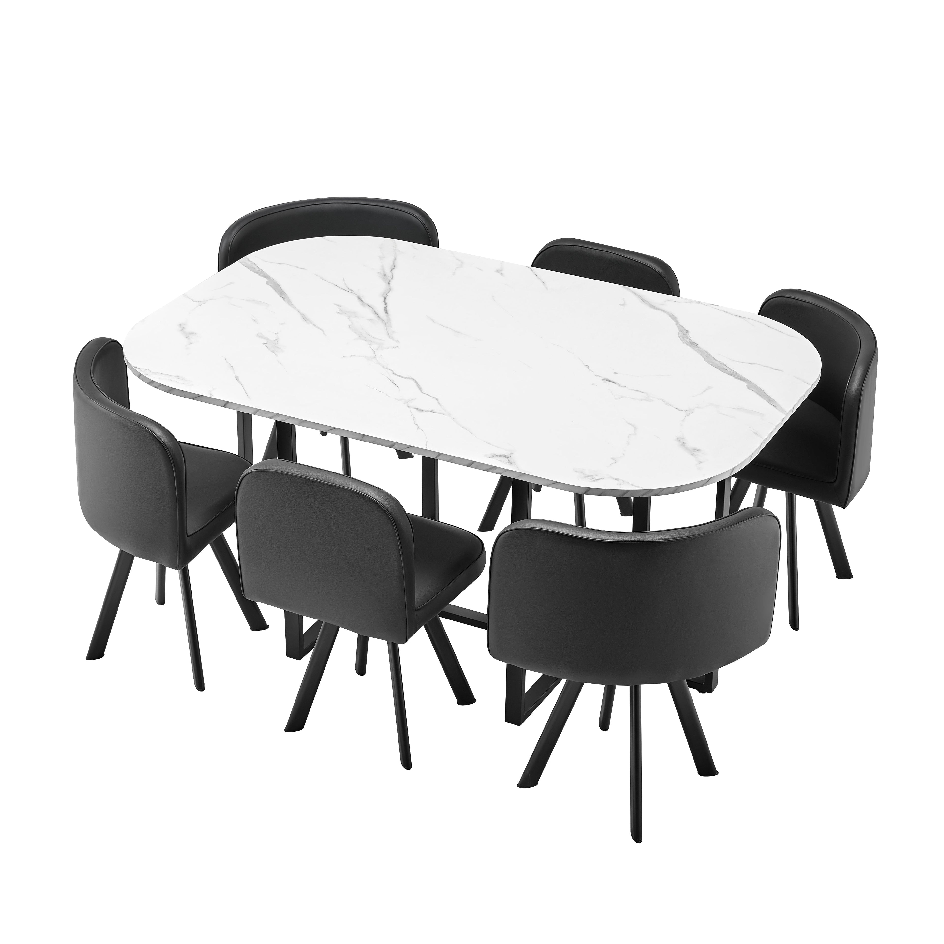 800 Modern 7-Piece Dining Table Set with White Marble Top and Leatherette/Fabric Chairs