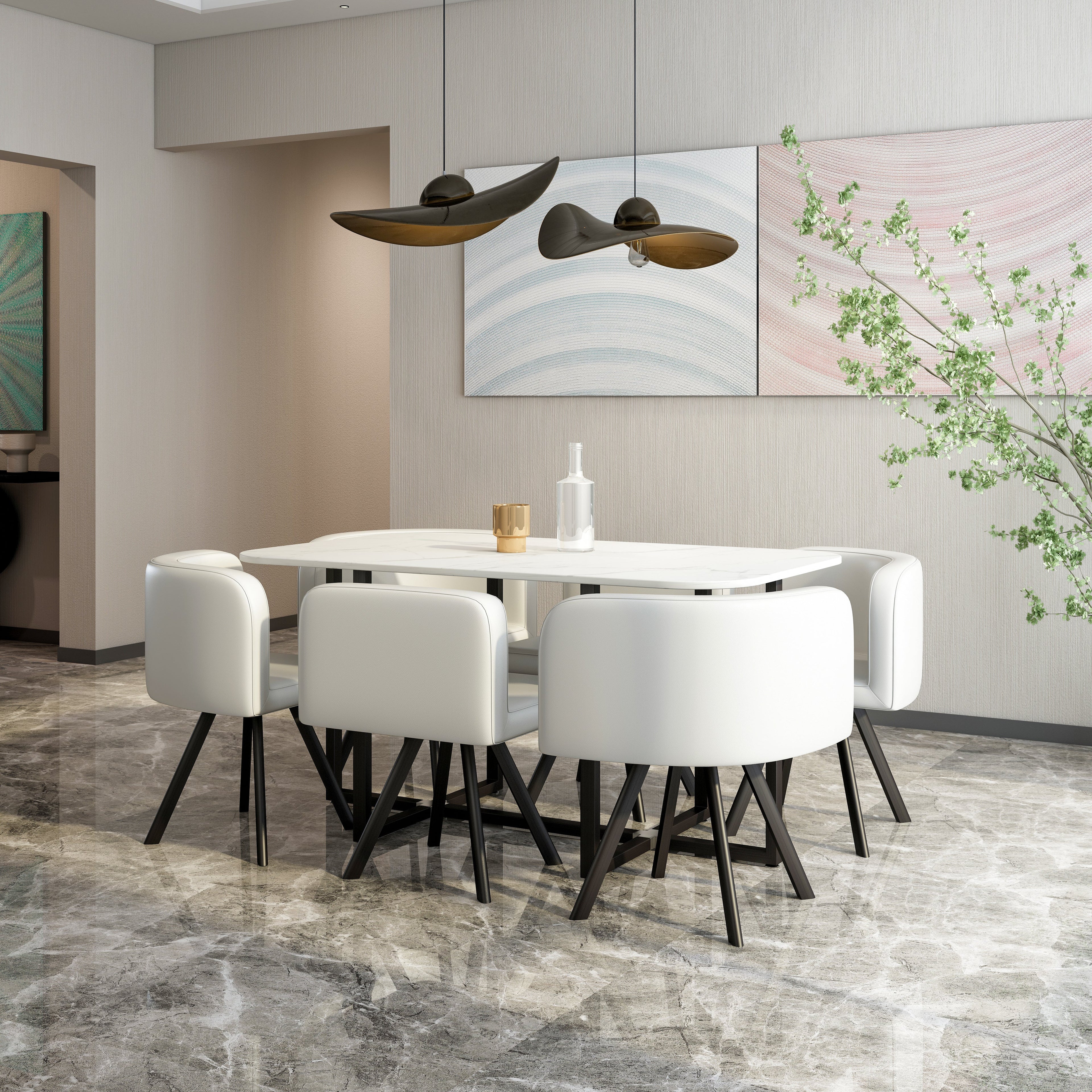 800 Modern 7-Piece Dining Table Set with White Marble Top and Leatherette/Fabric Chairs